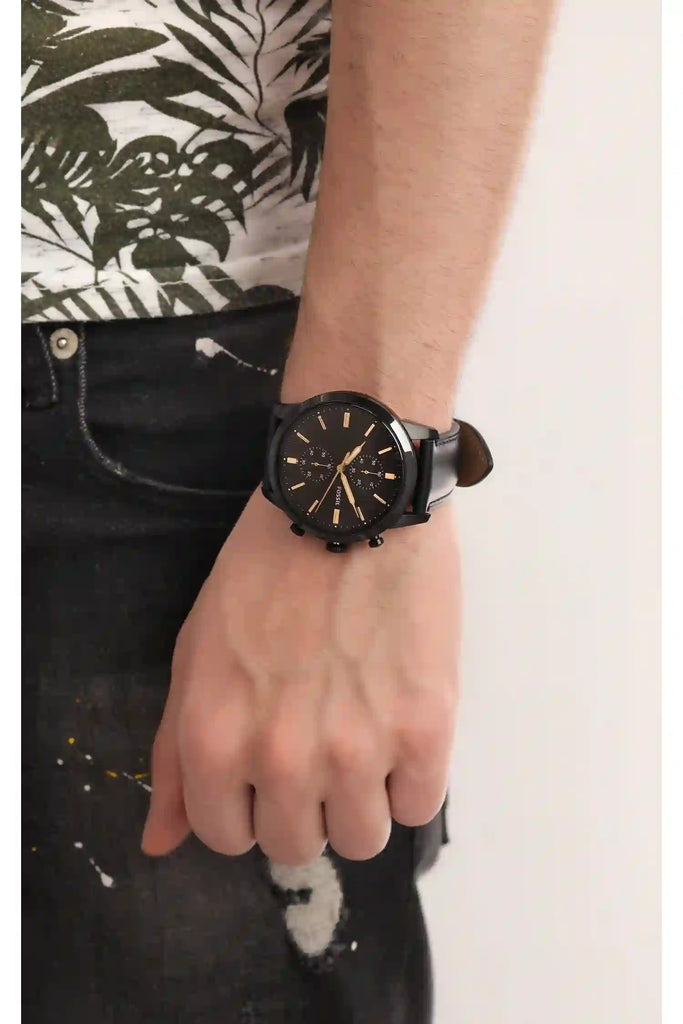 Fossil Goodwin Chronograph Black Dial Black Leather Strap Watch for Men - FS5585 Buy Now By Fossil