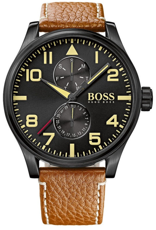 Hugo Boss Aeroliner Maxx Chronograph Black Dial Brown Leather Strap Watch For Men - HB1513082 Buy Now By Hugo Boss