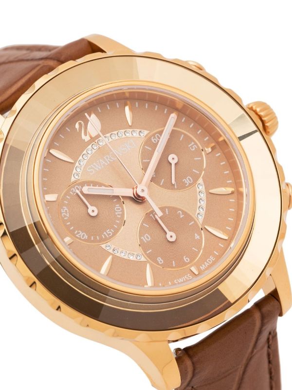 Swarovski Octea Lux Chrono Brown Gold Dial Brown Leather Strap Watch for Women - 5632260 Buy Now By Swarovski