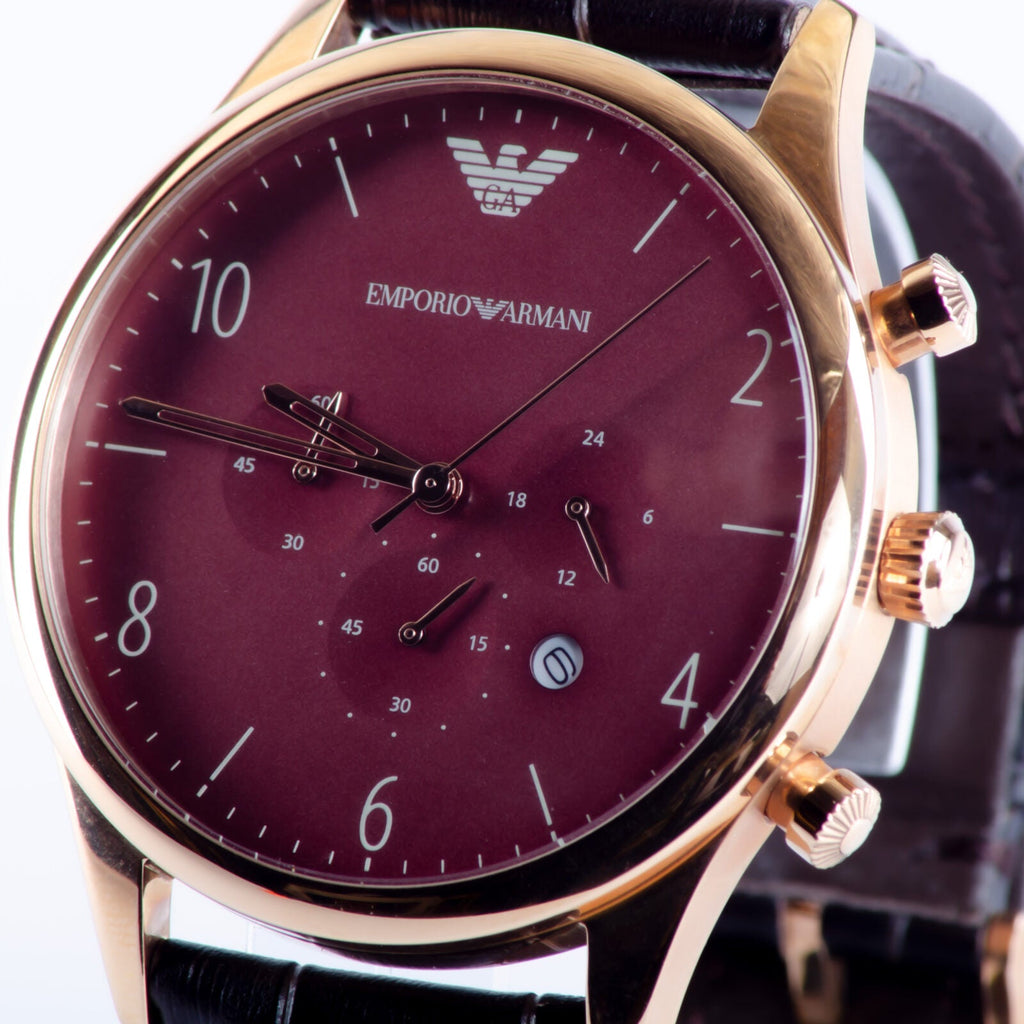 Emporio Armani Classic Chronograph Burgundy Dial Brown Leather Strap Watch For Men - AR1890 Buy Now By Emporio Armani
