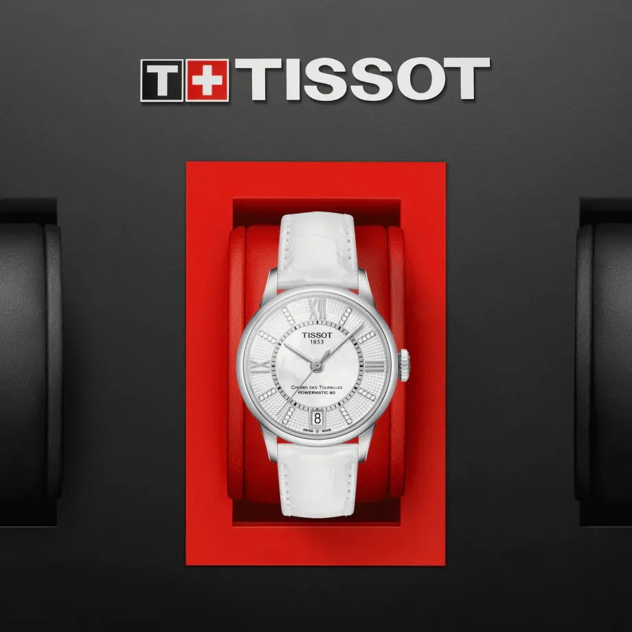 Tissot Chemin Des Tourelles Powermatic 80 Lady White Dial White Leather Strap Watch For Women - T099.207.16.116.00 Buy Now By Tissot