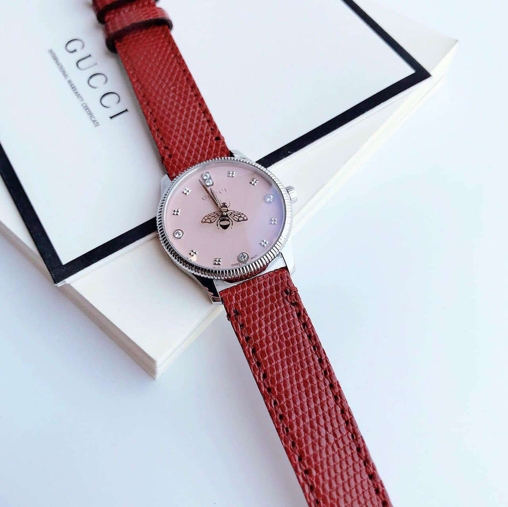 Gucci G Timeless Quartz Diamonds Pink Dial Red Leather Strap Watch For Women - YA1265017 Buy Now By Gucci
