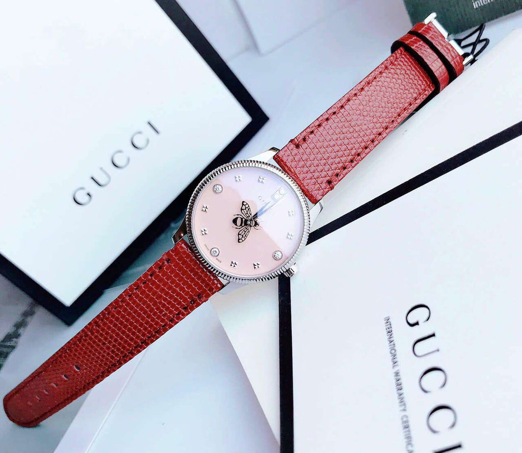 Gucci G Timeless Quartz Diamonds Pink Dial Red Leather Strap Watch For Women - YA1265017 Buy Now By Gucci