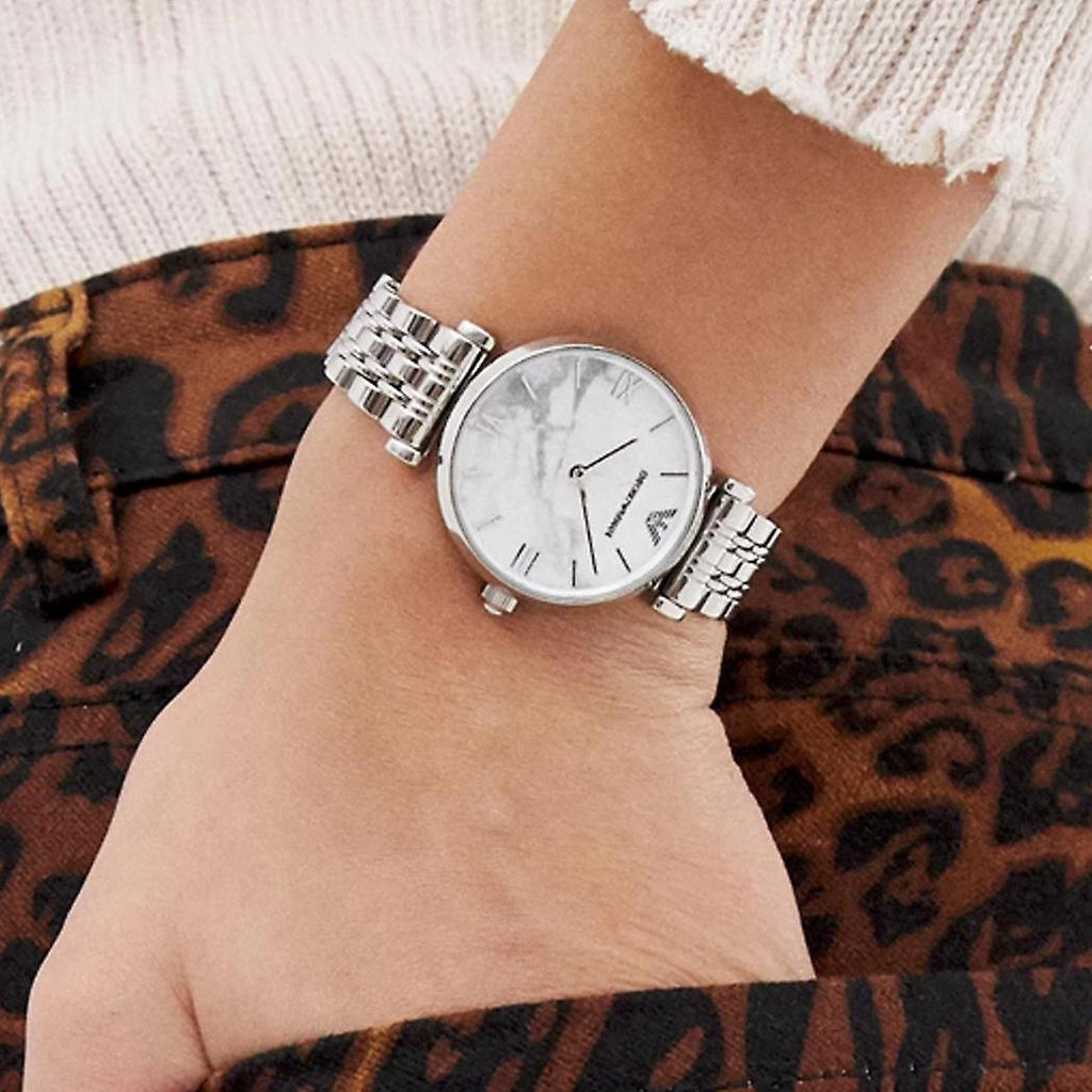 Emporio Armani Gianni T Bar White Marble Dial Silver Steel Strap Watch For Women - AR11170 Buy Now By Emporio Armani