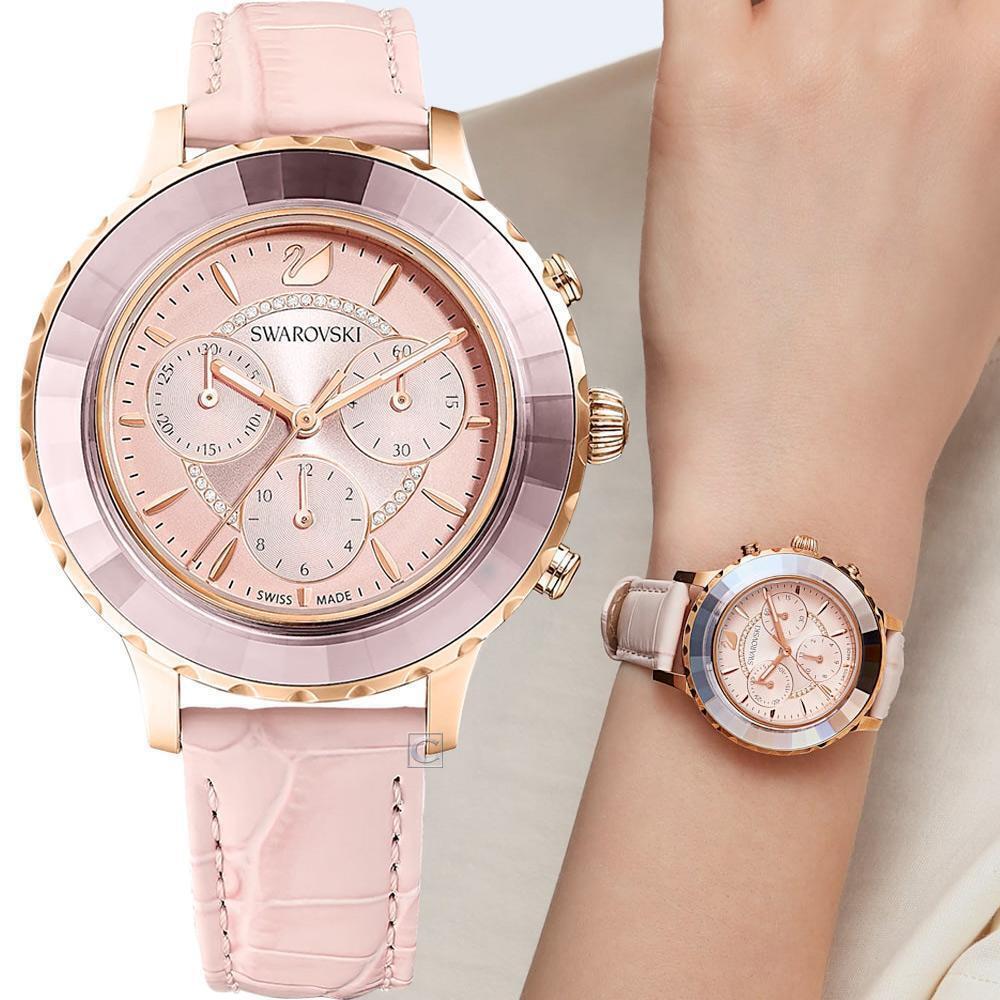 Swarovski Octea Lux Chrono Pink Dial Pink Leather Strap Watch for Women - 5452501 Buy Now By Swarovski