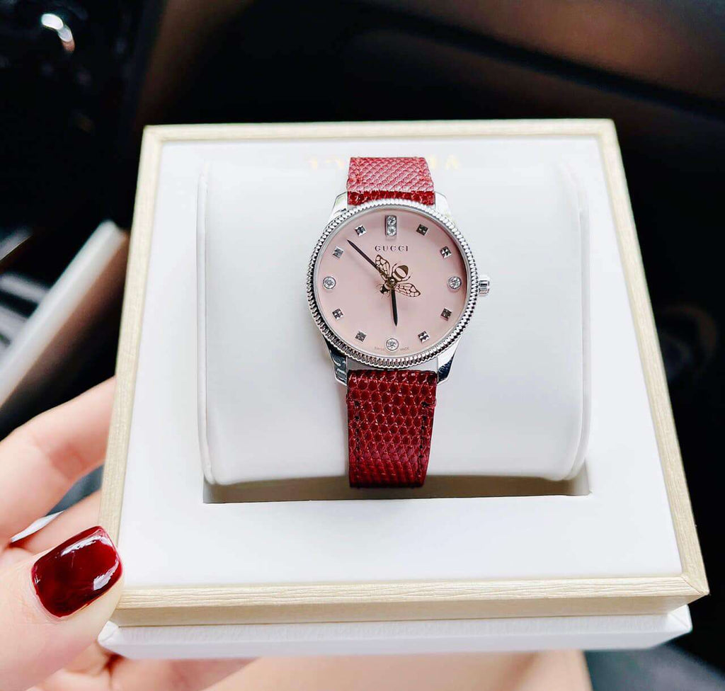 Gucci G Timeless Quartz Diamonds Pink Dial Red Leather Strap Watch For Women - YA1265017 Buy Now By Gucci