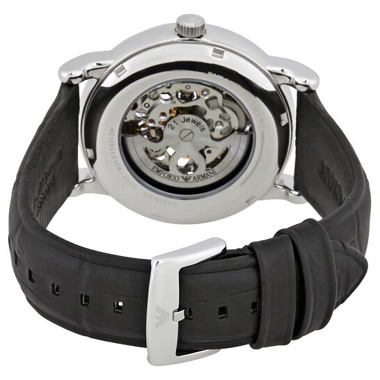Emporio Armani Luigi Silver Skeleton Dial Black Leather Strap Watch For Men - AR1981 Buy Now By Emporio Armani