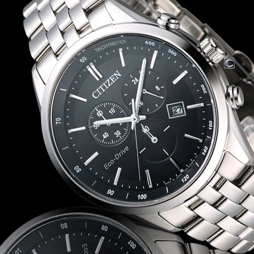 Citizen Eco Drive Chronograph Black Dial Silver Steel Strap Watch For Men - AT2140-55E Buy Now By Citizen
