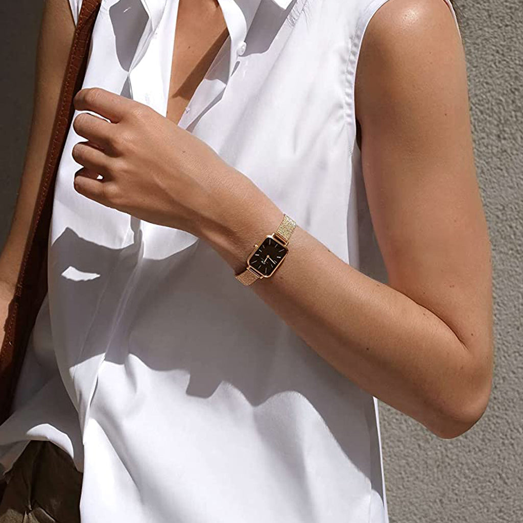 Daniel Wellington Quadro Melrose Black Dial Rose Gold Mesh Bracelet Watch For Women - DW00100432 Buy Now By Daniel Wellington