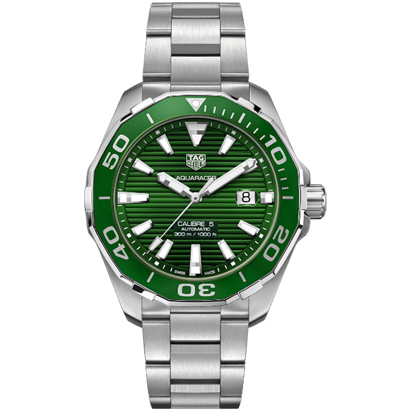 Tag Heuer Aquaracer Calibre 5 Green Dial Silver Steel Strap Watch for Men - WAY201S.BA0927 Buy Now By Tag Heuer
