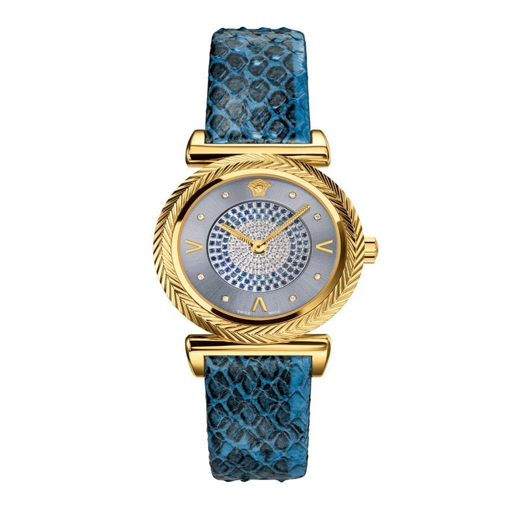 Versace V-Motif Vintage Logo Diamonds Blue Dial Blue Leather Strap Watch for Women - VERE01018 Buy Now By Versace