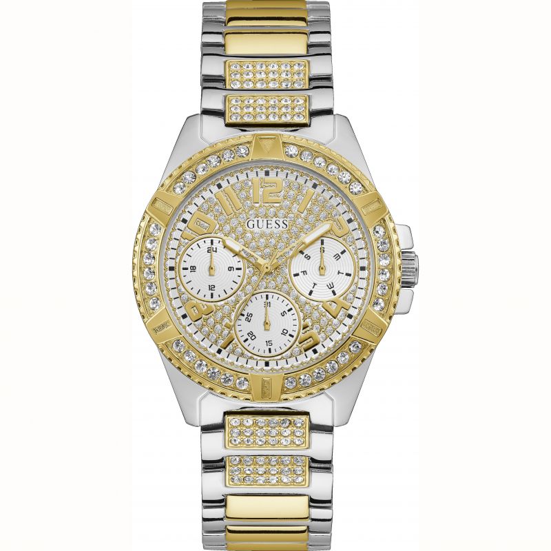 Guess Frontier Chronograph Crystals Gold Dial Two Tone Steel Strap Watch For Women - W1156L5 Buy Now By Guess