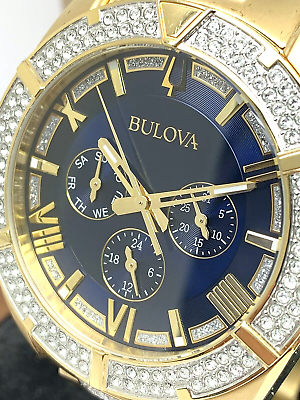 Bulova Crystal Collection Blue Dial Gold Steel Strap Watch for Men - 98C128 Buy Now By Bulova