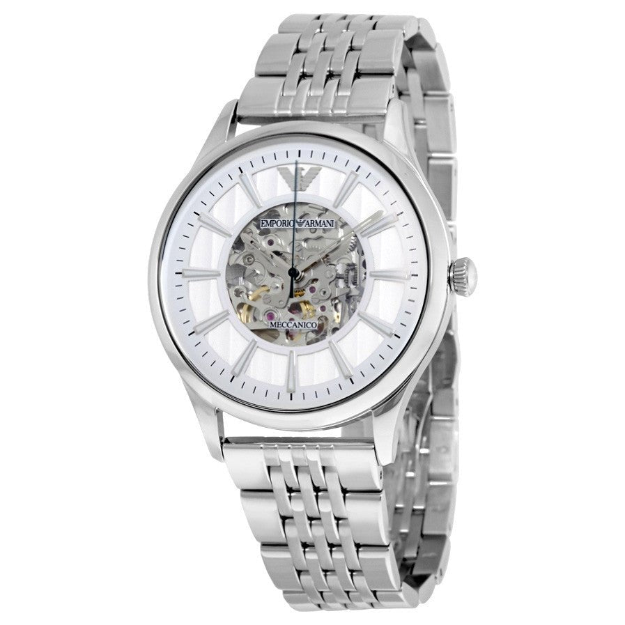 Emporio Armani Meccanico Skeleton Silver Dial Silver Steel Strap Watch For Men - AR1945 Buy Now By Emporio Armani