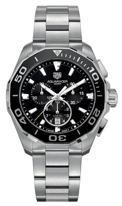 Tag Heuer Aquaracer Quartz Chronograph Black Dial Silver Steel Strap Watch for Men - CAY111A.BA0927 Buy Now By Tag Heuer