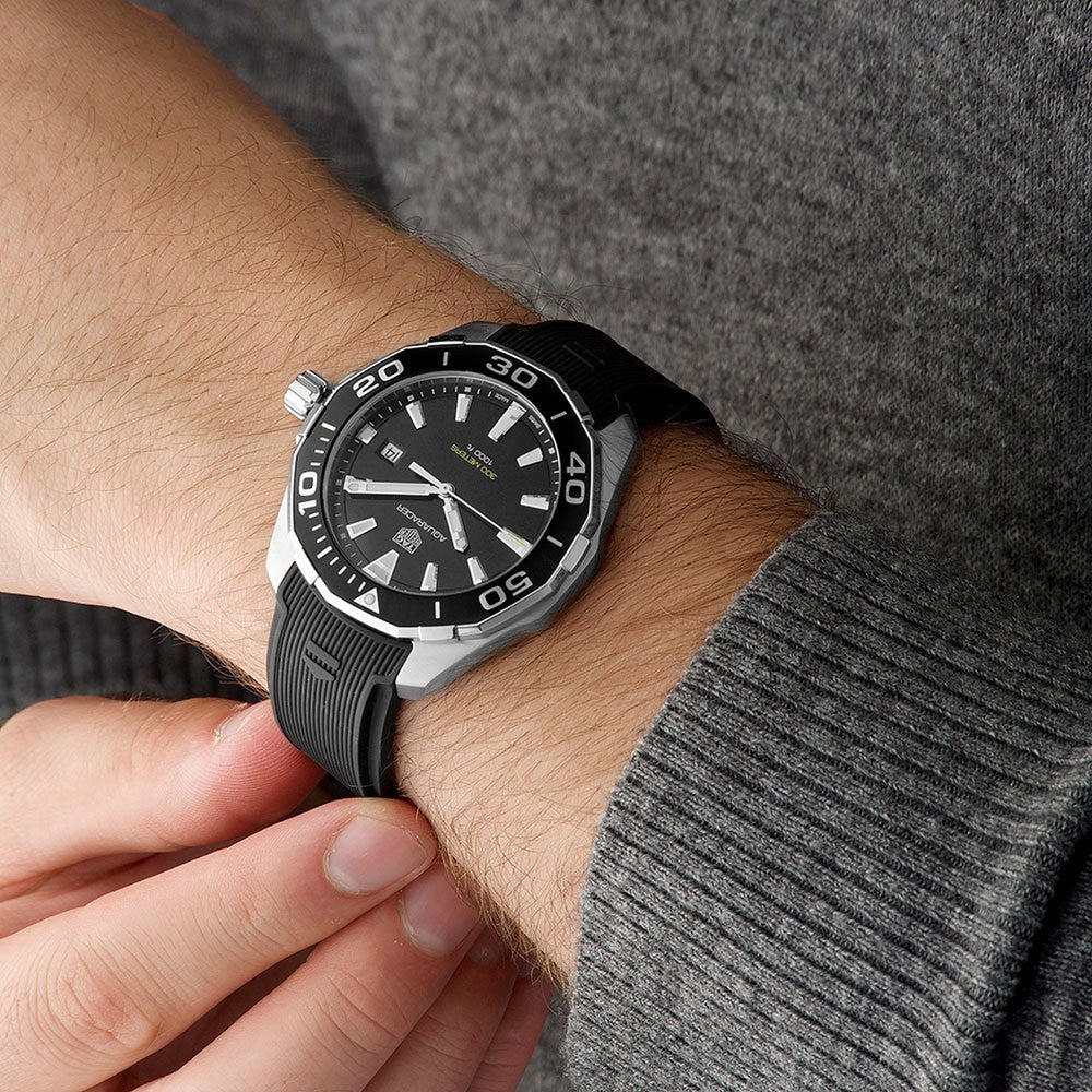 Tag Heuer Aquaracer Quartz Black Dial Black Rubber Strap Watch for Men - WAY101A.FT6141 Buy Now By Tag Heuer