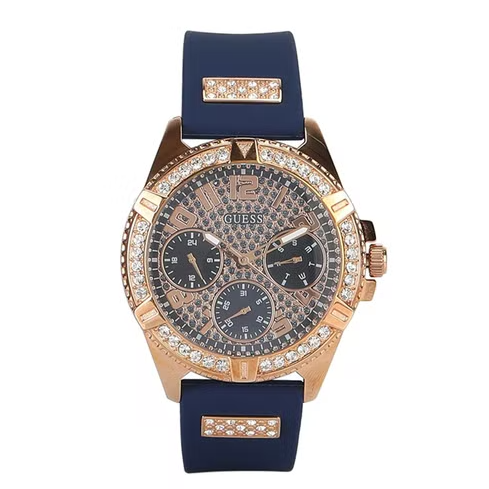 Guess Frontier DIamonds Gold Dial Blue Rubber Strap Watch For Women - W1160L3 Buy Now By Guess