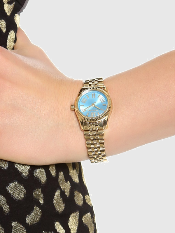Michael Kors Lexington Quartz Blue Dial Gold Steel Strap Watch For Women - MK3271