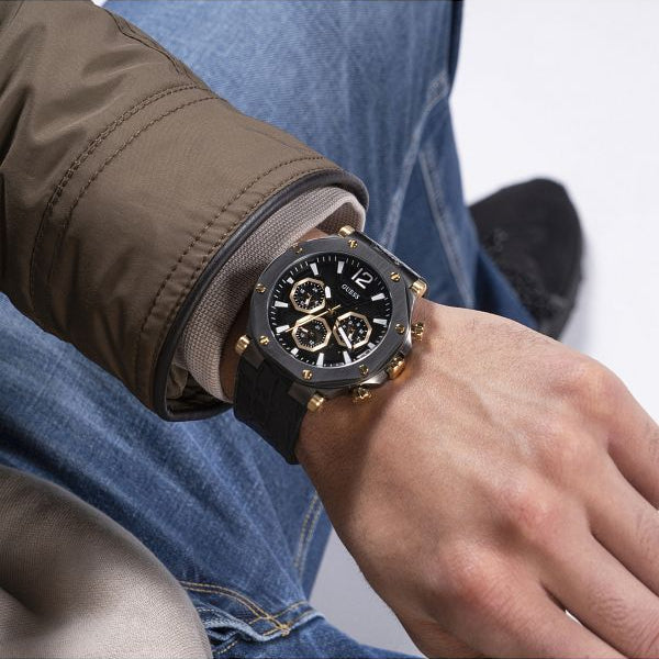 Guess Edge Chronograph Black Dial Black Leather Strap Watch For Men - GW0492G1 Buy Now By Guess