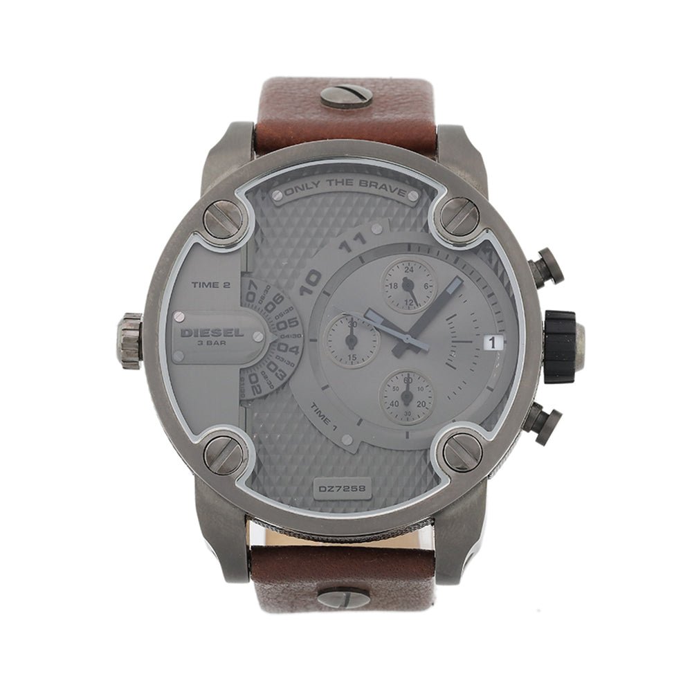 Diesel Little Daddy SBA Small Sized Grey Dial Brown Leather Strap Watch For Men - DZ7258 Buy Now By Diesel