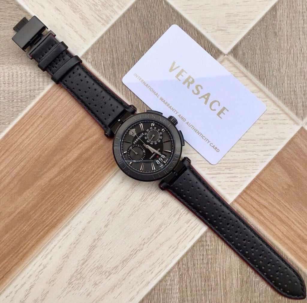 Versace V-Racer Aion Chronograph Black Dial Black Leather Strap Watch for Men - VBR030017 Buy Now By Versace