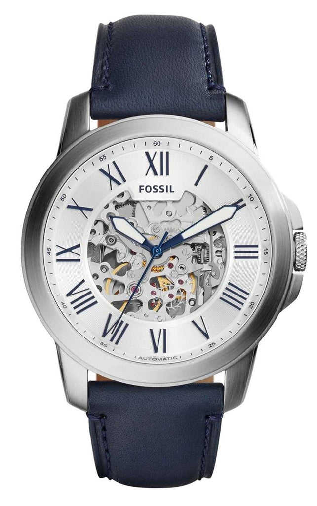 Fossil Grant Automatic Skeleton Silver Dial Blue Leather Strap Watch for Men - ME3111 Buy Now By Fossil