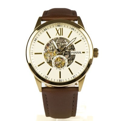Fossil Flynn Mechanical Skeleton Beige Dial Brown Leather Strap Watch for Men - BQ2215 Buy Now By Fossil