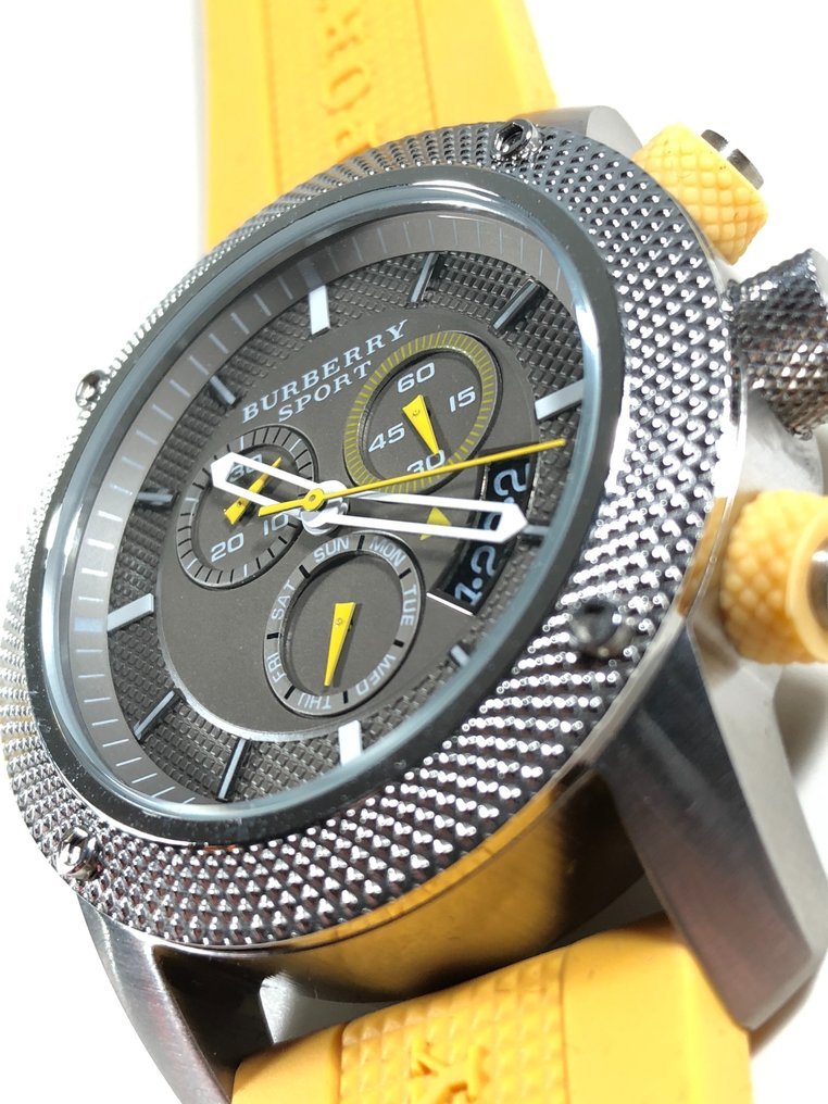 Burberry Sport Chronograph Grey Dial Yellow Rubber Strap Watch for Men - BU7712 Buy Now By Burberry