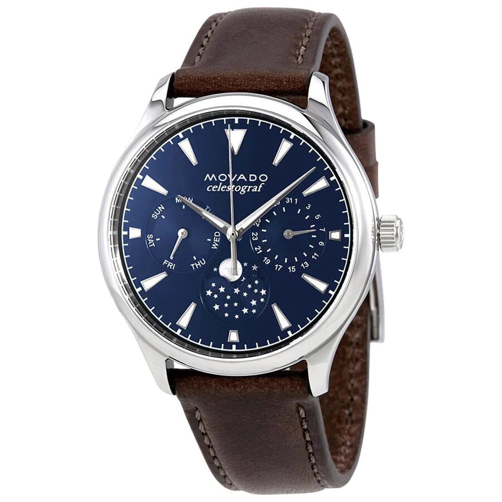 Movado Heritage Moonphase Blue Dial Brown Leather Strap Watch For Women - 3650009 Buy Now By Movado