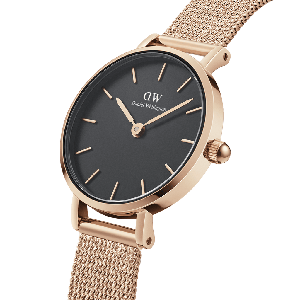 Daniel Wellington Petite Pressed Melrose Black Dial Rose Gold Mesh Strap Watch For Women - DW00100440 Buy Now By Daniel Wellington