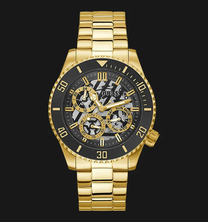 Guess Axle Multifunction Black Dial Gold Steel Strap Watch For Men - GW0488G2 Buy Now By Guess