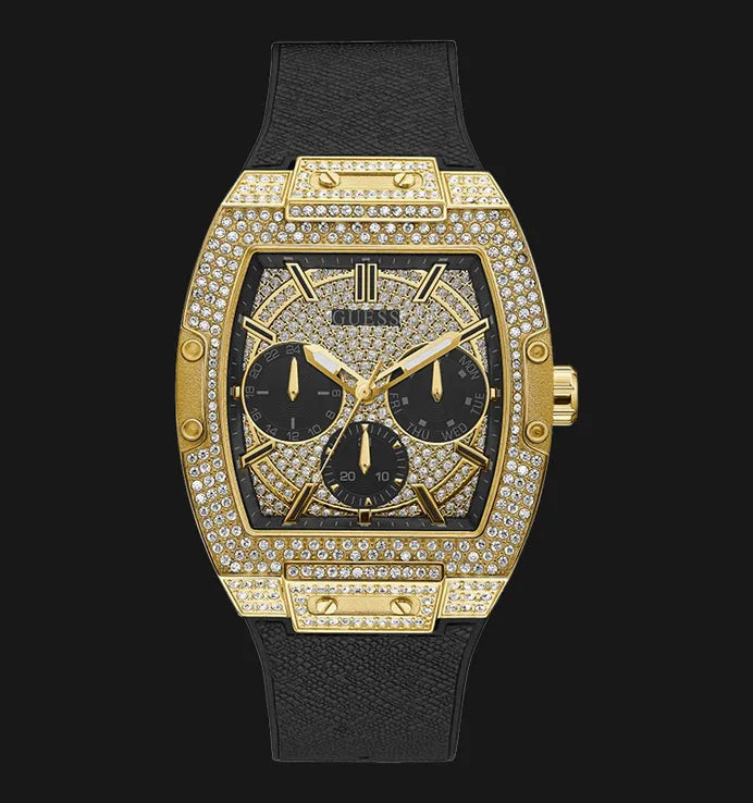 Guess Phoenix Multifunction Crystals Gold Dial Black Silicone Strap Watch For Men - GW0048G2 Buy Now By Guess