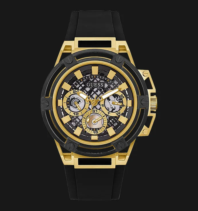 Guess Matrix Multifunction Gold Dial Black Rubber Strap Watch For Men - GW0423G2 Buy Now By Guess