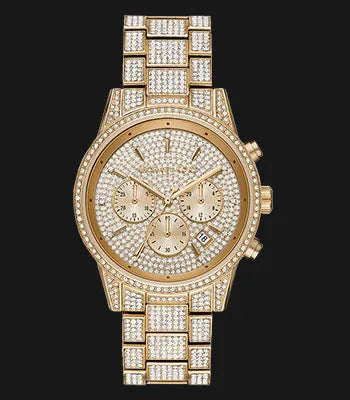Michael Kors Ritz Three-Hand Glitz Crystals Gold Dial Gold Steel Strap Watch for Women - MK6747 Buy Now By Michael Kors