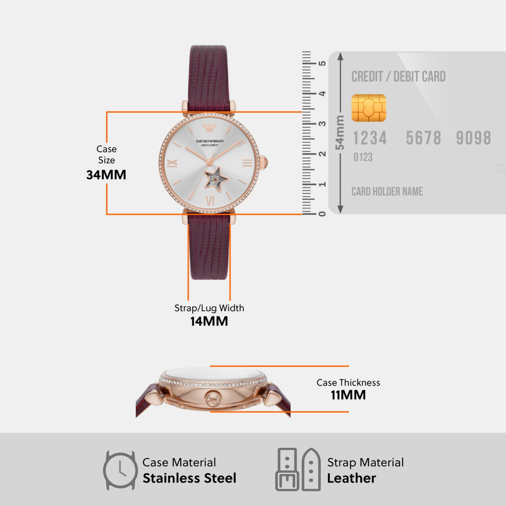 Emporio Armani Meccanico Automatic Silver Dial Burgundy Leather Strap Watch For Women - AR60044 Buy Now By Emporio Armani