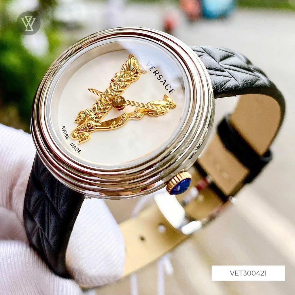 Versace Virtus Quartz White Dial Black Leather Strap Watch For Women - VET300421 Buy Now By Versace