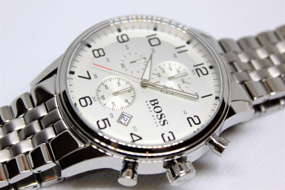 Hugo Boss Aeroliner Chronograph Quartz White Dial Silver Steel Strap Watch For Men - HB1512445 Buy Now By Hugo Boss