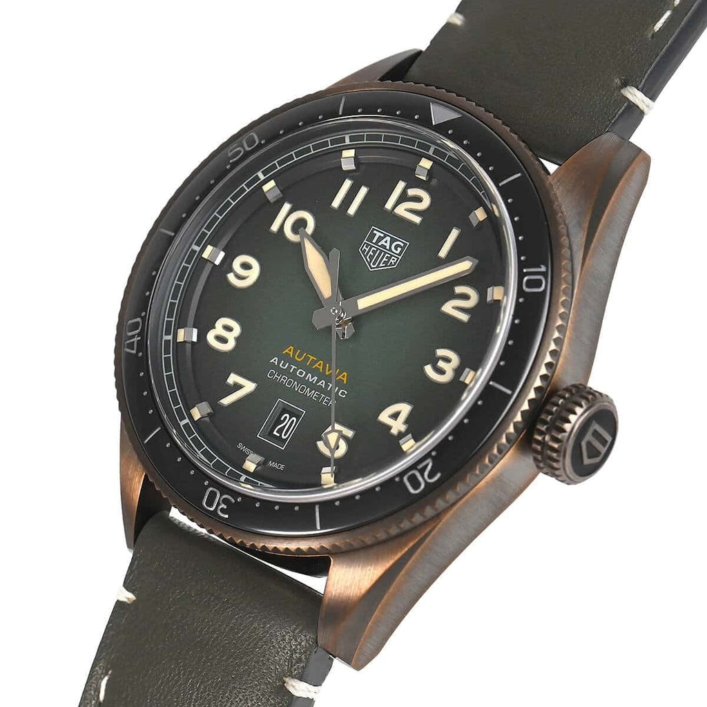 Tag Heuer Autavia Calibre 5 Automatic Olive Green Dial Green Leather Strap Watch for Men - WBE5190.FC8268 Buy Now By Tag Heuer