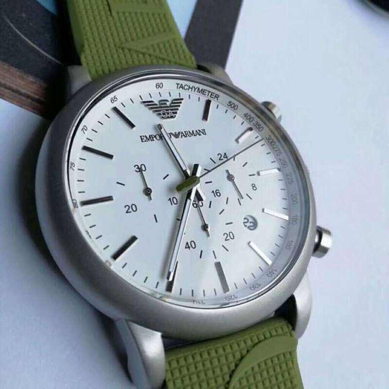 Emporio Armani Chronograph White Dial Green Rubber Strap Watch For Men - AR11022 Buy Now By Emporio Armani