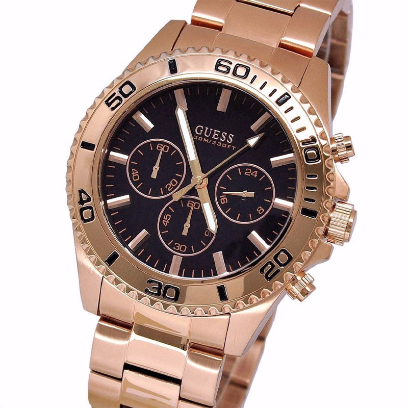 Guess Chaser Chronograph Black Dial Rose Gold Steel Strap Watch for Men - W0170G3 Buy Now By Guess