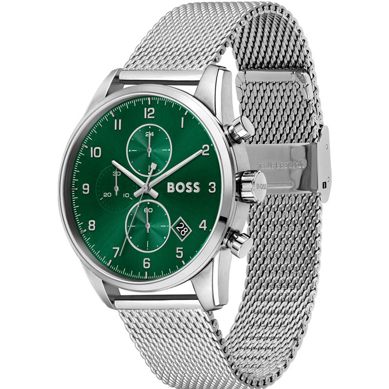 Hugo Boss Skymaster Green Dial Silver Mesh Bracelet Watch for Men - 1513938 Buy Now By Hugo Boss