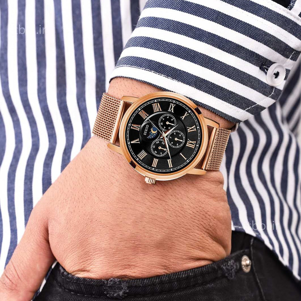 Guess Delancy Black Dial Rose Gold Mesh Bracelet Watch for Men - W0871G5 Buy Now By Guess