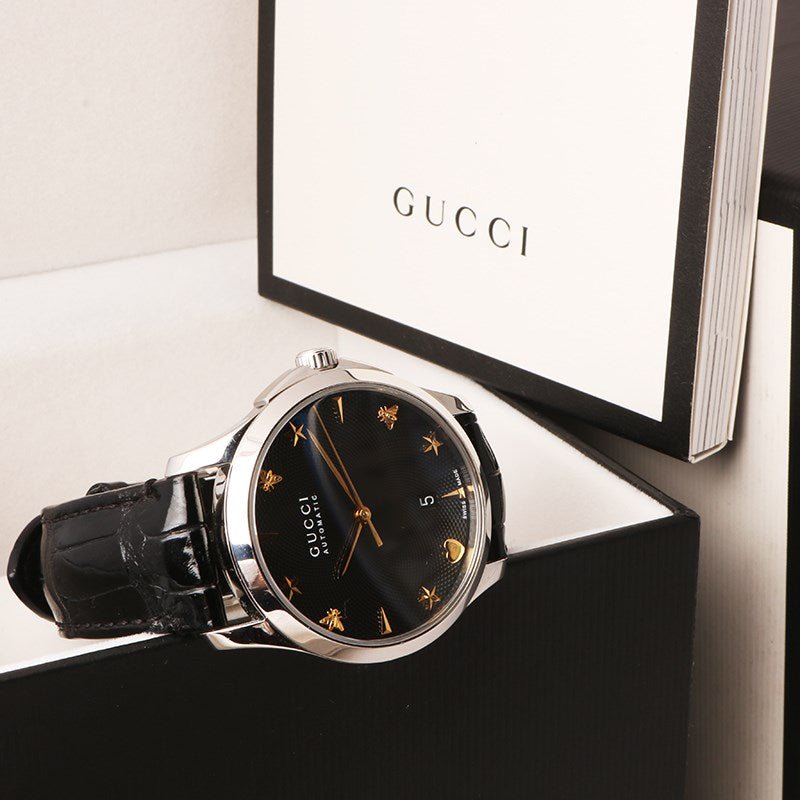 Gucci G Timeless Automatic Black Dial Black Leather Strap Watch For Women - YA126469 Buy Now By Gucci