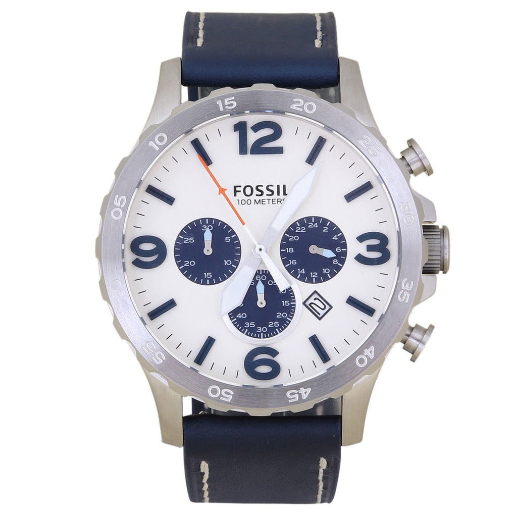 Fossil Nate Chronograph White Dial Blue Leather Strap Watch for Men - JR1480 Buy Now By Fossil