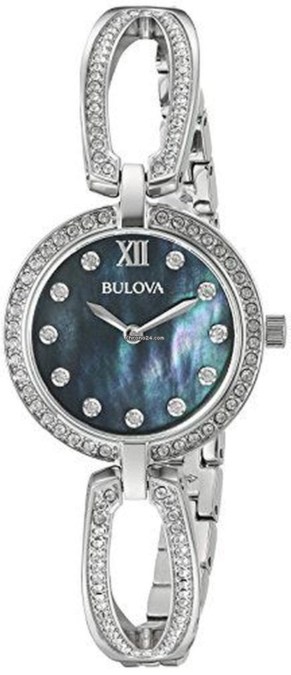 Bulova Crystal Black Mother of Pearl Dial Silver Steel Strap Watch for Women - 96L224 Buy Now By Bulova