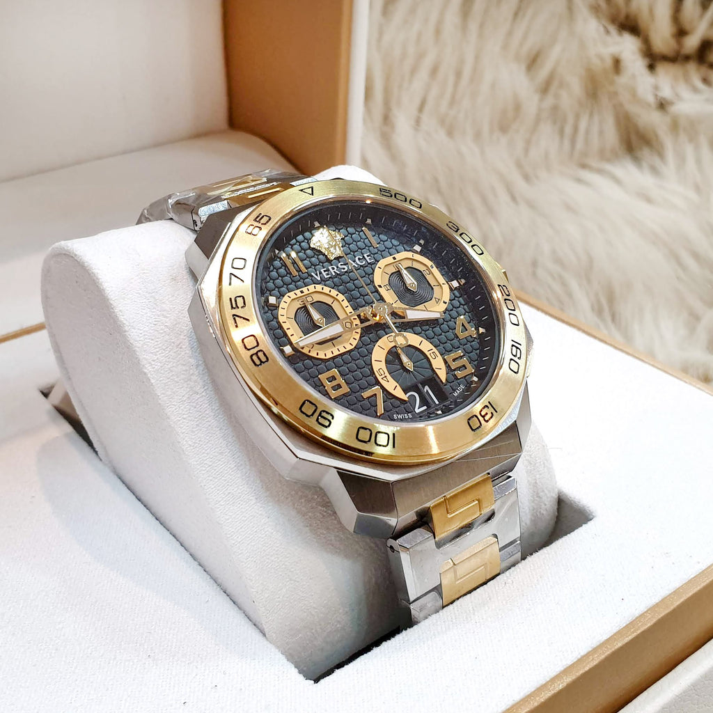 Versace Dylos Chronograph Black Dial Two Tone Steel Strap Watch for Men - VQC100016 Buy Now By Versace