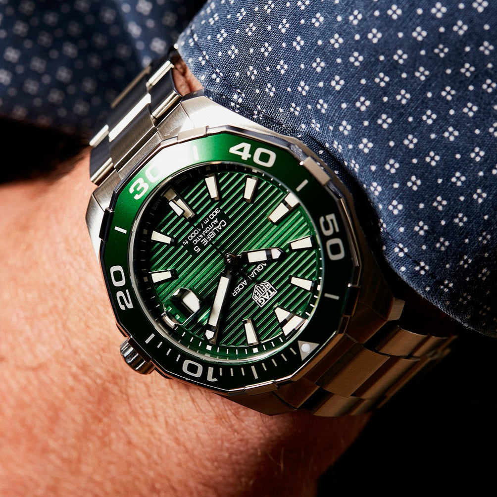 Tag Heuer Aquaracer Calibre 5 Green Dial Silver Steel Strap Watch for Men - WAY201S.BA0927 Buy Now By Tag Heuer