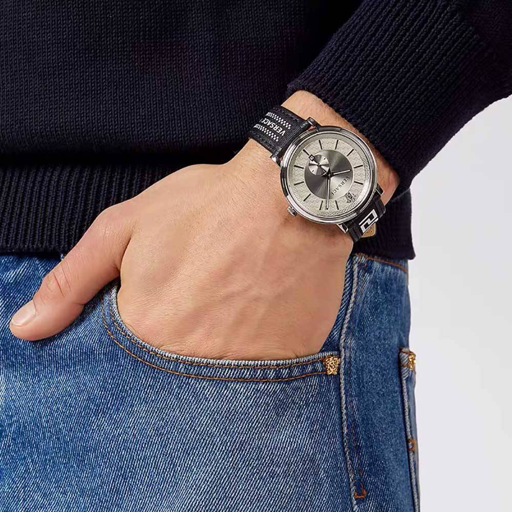 Versace V-Circle Black Manifesto Courage Quartz Silver Dial Black Leather Strap Watch for Men - VBQ080017 Buy Now By Versace