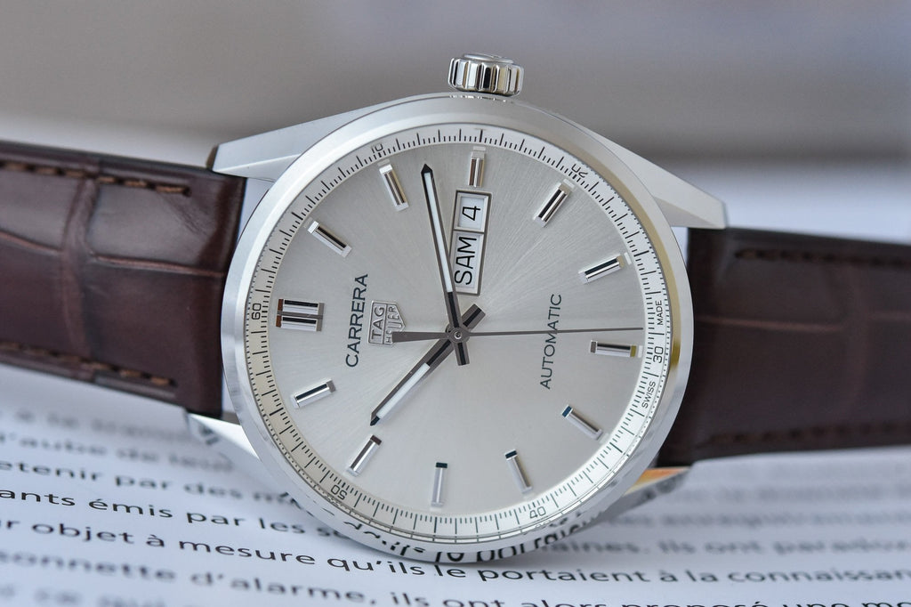 Tag Heuer Carrera Day Date Silver Dial Brown Leather Strap Watch for Men - WBN2011.FC6484