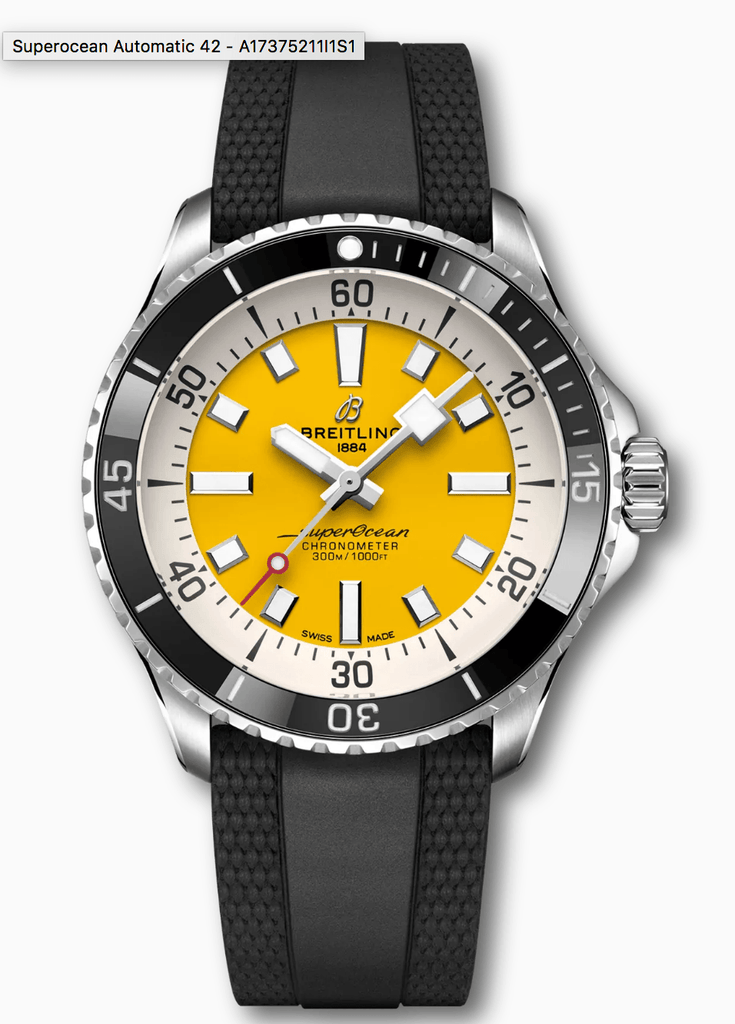 Breitling Superocean Automatic 42mm Yellow Dial Black Rubber Strap Watch for Men - A17375211/1S1 Buy Now By Breitling